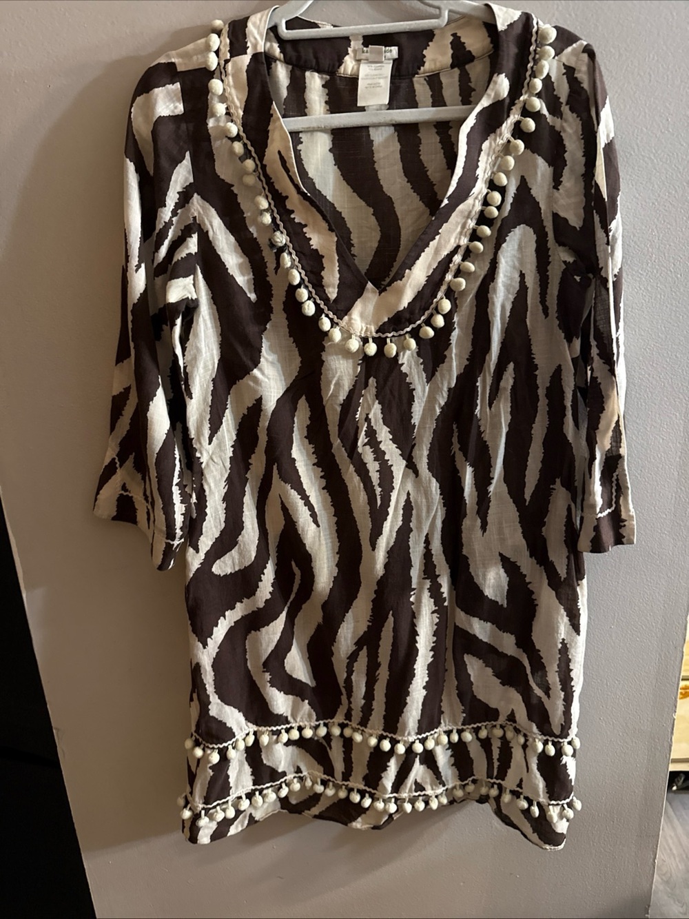 Kate Spade Womens Swim Cover Up ZEBRA M Brown Animal Print Pom Pom Trim J26